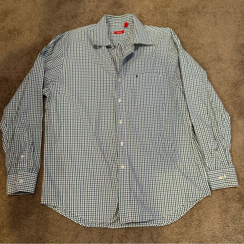 Izod Plaid Gingham Button Down Dress Shirt Collared